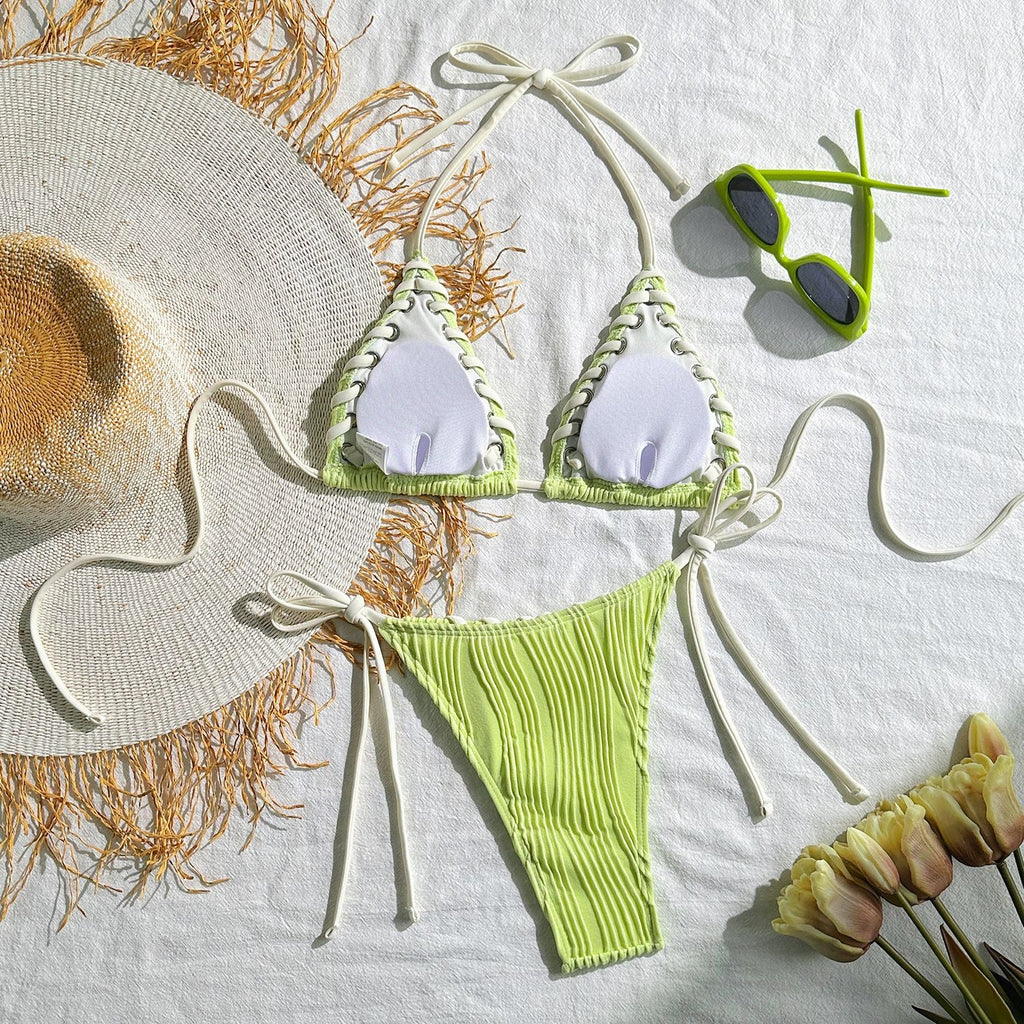 2025 Halter Wrinkled Weave Bikini Women Swimwear Female Swimsuit Two Pieces Bikini Set Brazilian Bathing Suit Swim Beach Wear