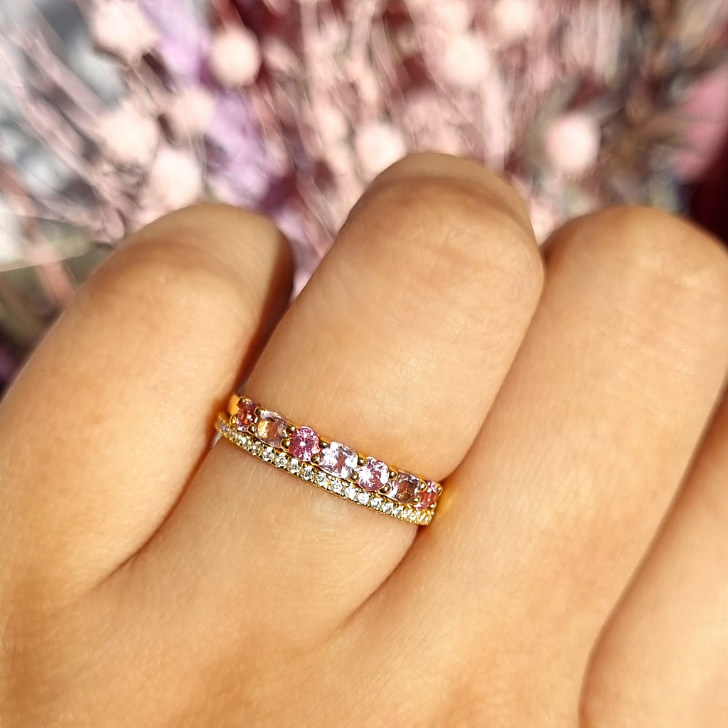 Alliance demi-éternité en vermeil or 18 carats, saphir rose et améthyste rose