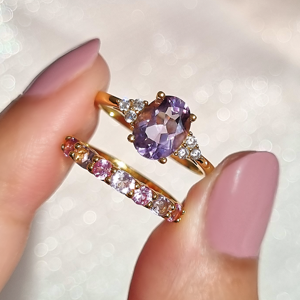 Alliance demi-éternité en vermeil or 18 carats, saphir rose et améthyste rose
