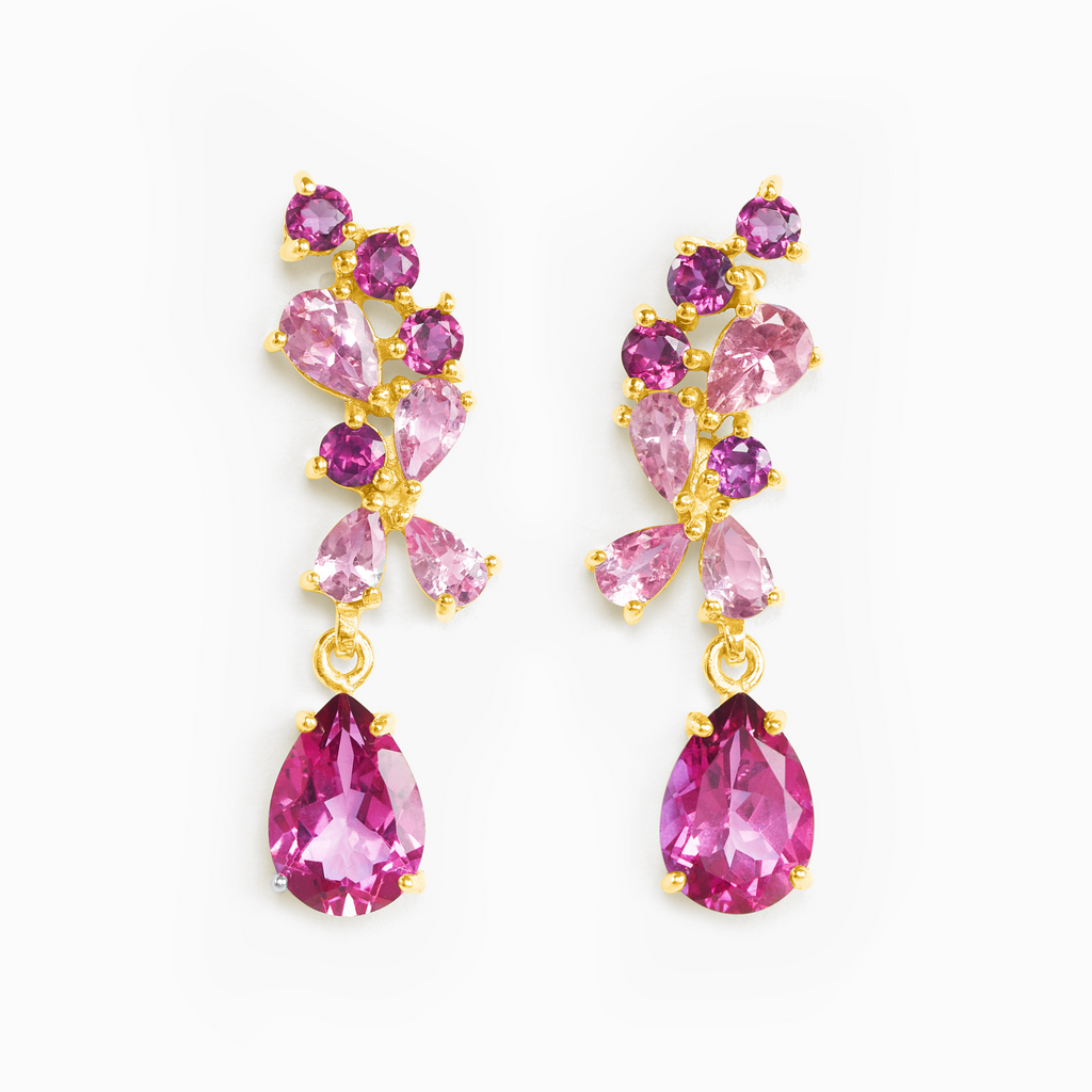 Boucles d'oreilles pendantes en pierre précieuse rose et vermeil en or 18 carats