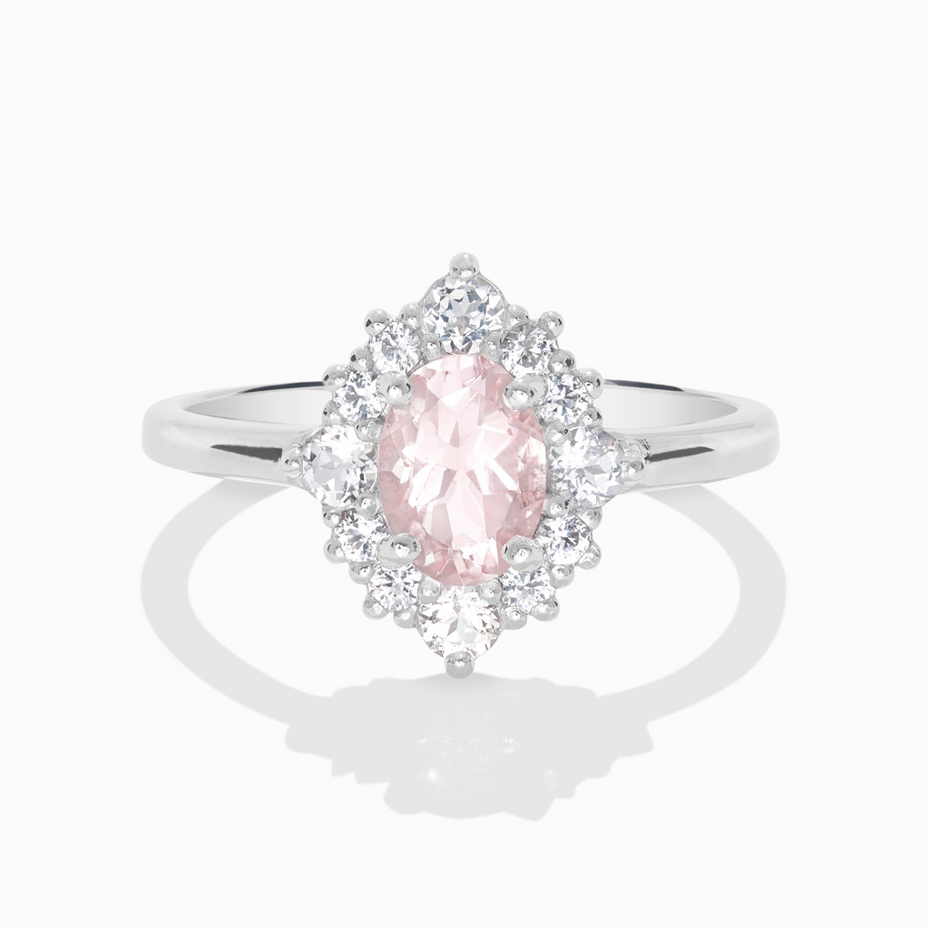 Bague halo en morganite rose et argent sterling 