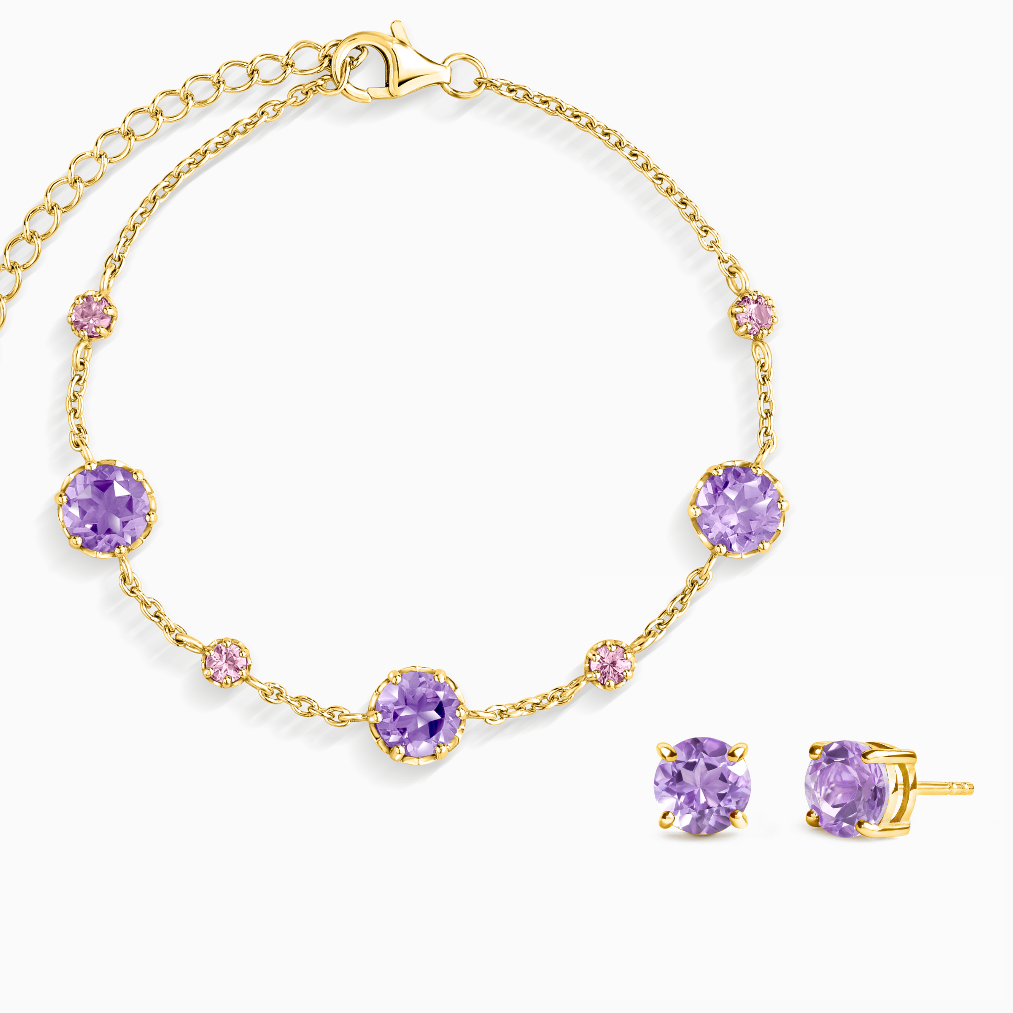 Ensemble de bijoux en saphir rose et améthyste, monté sur vermeil en or 18 carats