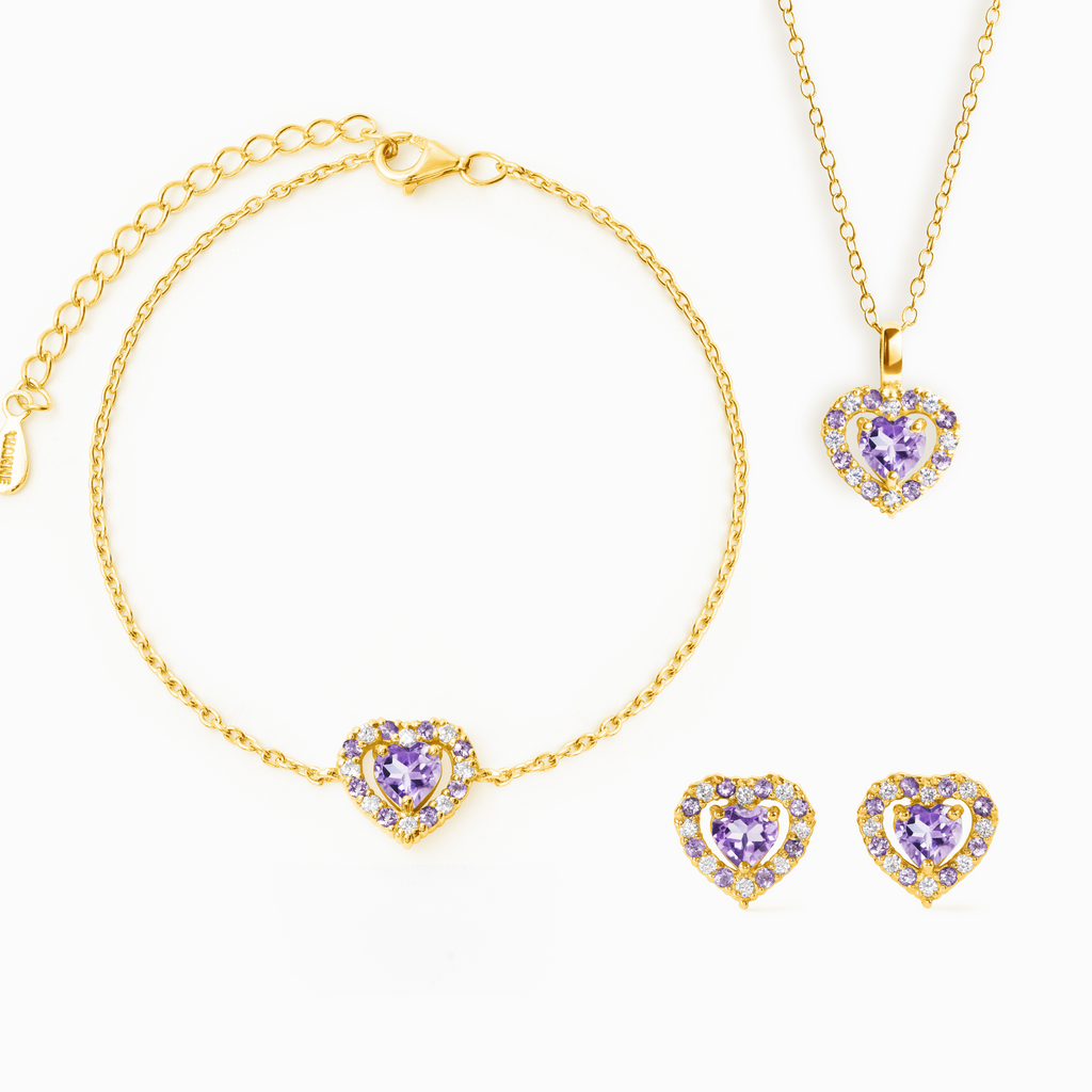 Ensemble de bijoux en vermeil d'or 18 carats avec améthyste lavande en forme de cœur violet