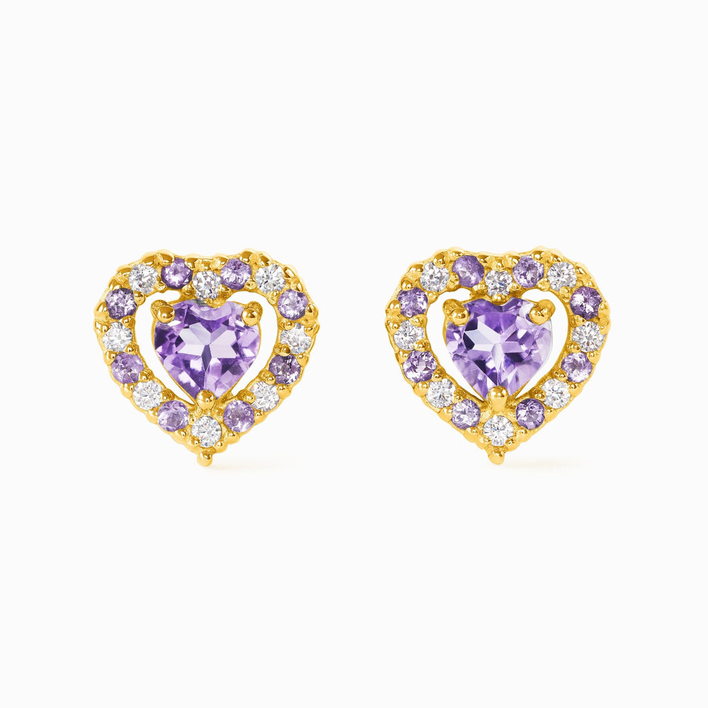Boucles d'oreilles puces en améthyste lavande en forme de cœur violet, montées sur vermeil en or 18 carats