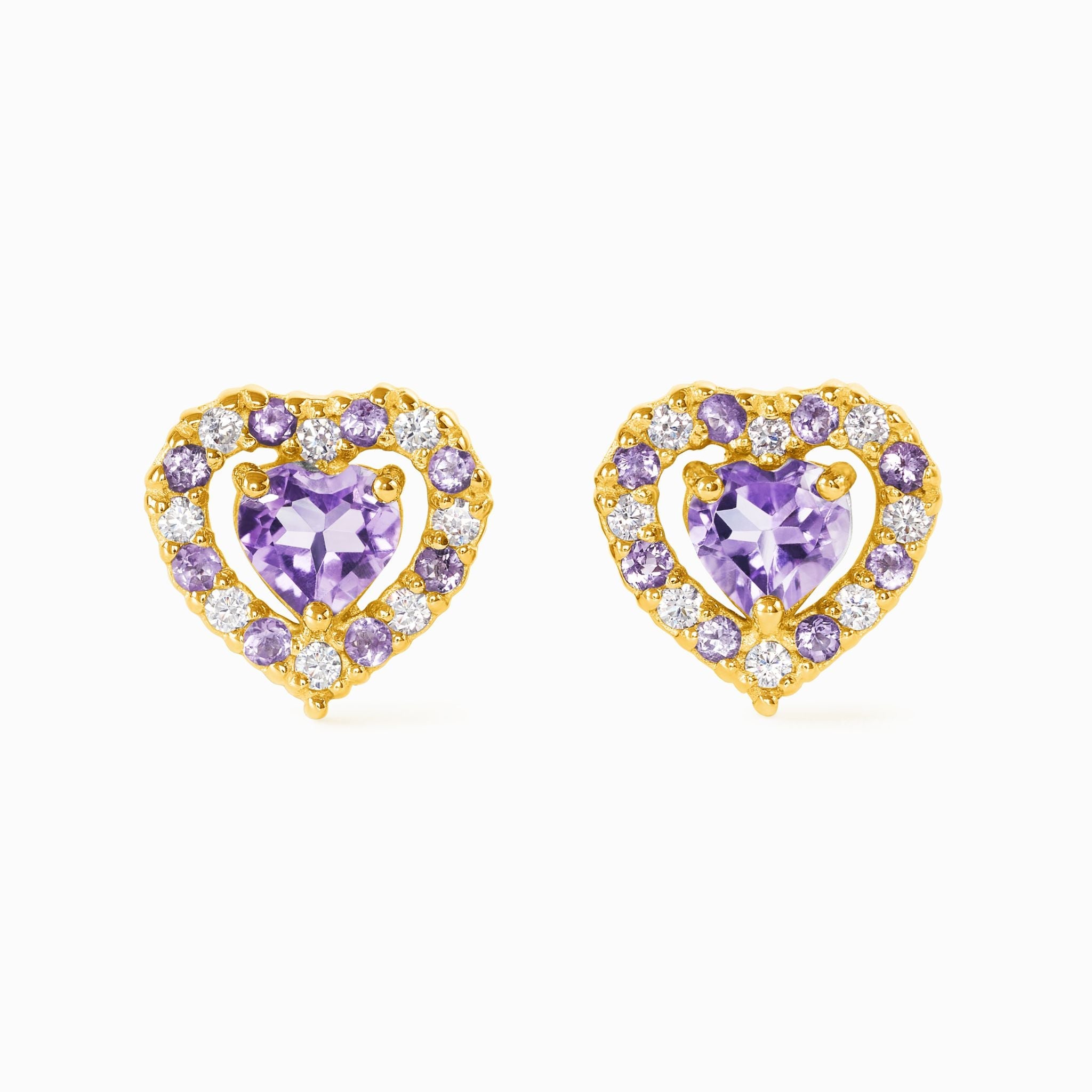 Boucles d'oreilles puces en améthyste lavande en forme de cœur violet, montées sur vermeil en or 18 carats
