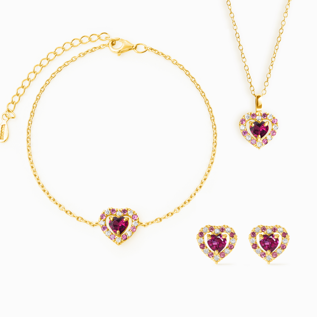 Ensemble de bijoux en grenat rhodolite cœur rouge, monté sur vermeil en or 18 carats