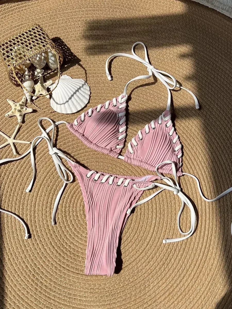 2025 Halter Wrinkled Weave Bikini Women Swimwear Female Swimsuit Two Pieces Bikini Set Brazilian Bathing Suit Swim Beach Wear