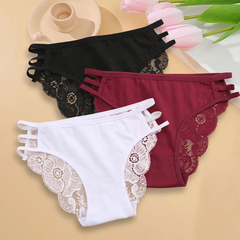 3PC/Set Women Sexy Lace Panties Low Rise Hollow Out Briefs Floral Transparent Underwear for Feamale Elastic Straps Soft Lingerie