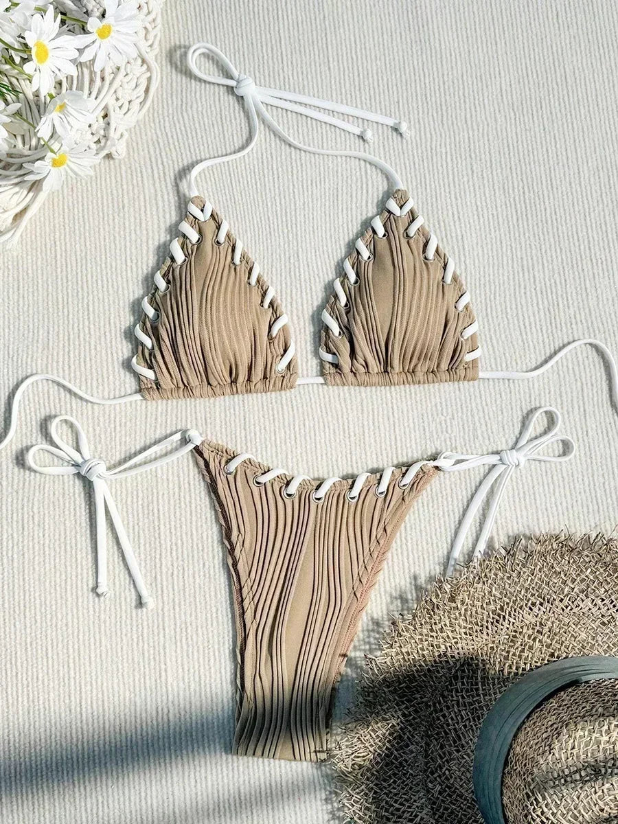 2025 Halter Wrinkled Weave Bikini Women Swimwear Female Swimsuit Two Pieces Bikini Set Brazilian Bathing Suit Swim Beach Wear