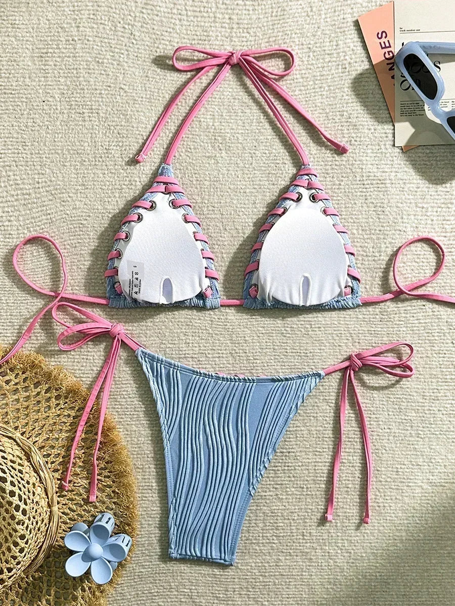 2025 Halter Wrinkled Weave Bikini Women Swimwear Female Swimsuit Two Pieces Bikini Set Brazilian Bathing Suit Swim Beach Wear