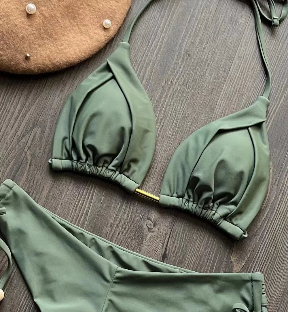 2025 New Sexy Triangle Bathing Suit for Women Brazilian Bikinis Halter Swimwear Push Up Swimsuit Metal Chain Beach Bikini Set