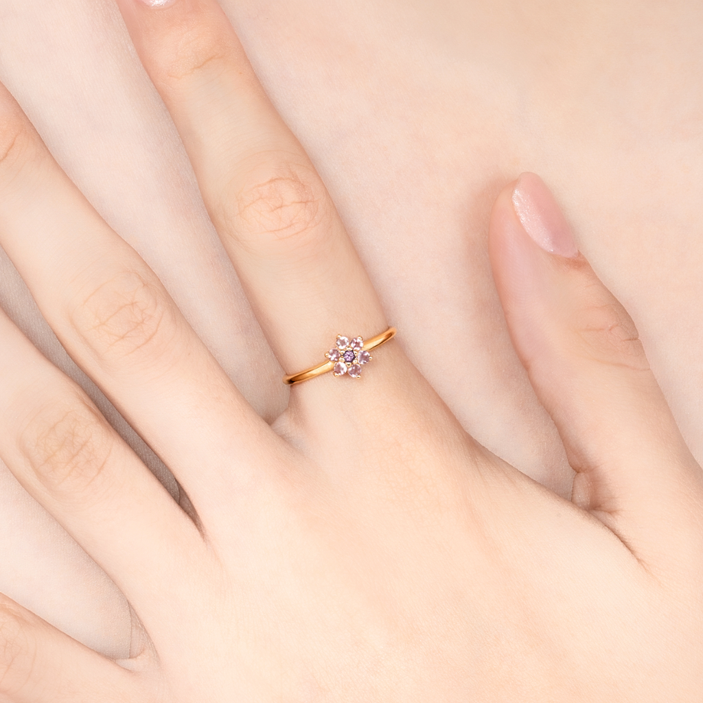 Bague en vermeil or 18 carats avec tourmaline rose et améthyste en forme de fleur 