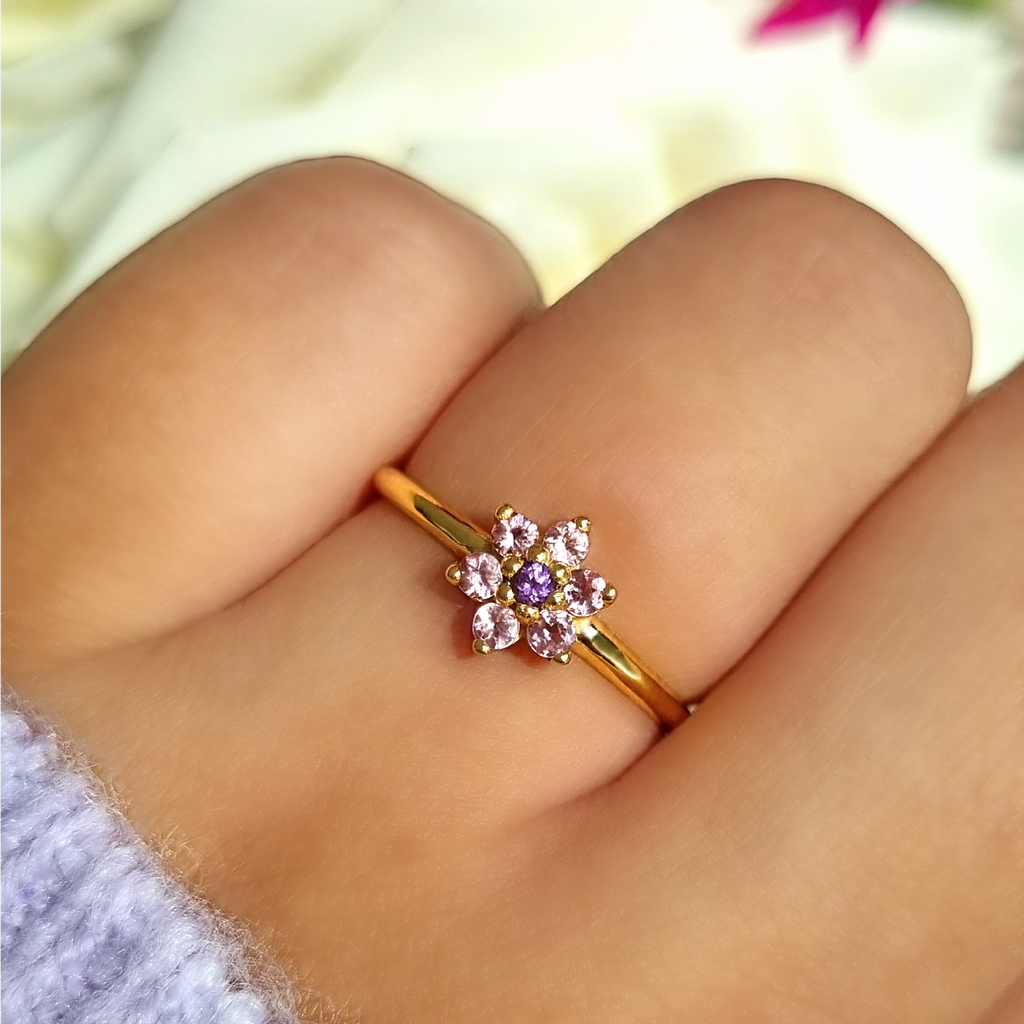 Bague en vermeil or 18 carats avec tourmaline rose et améthyste en forme de fleur 