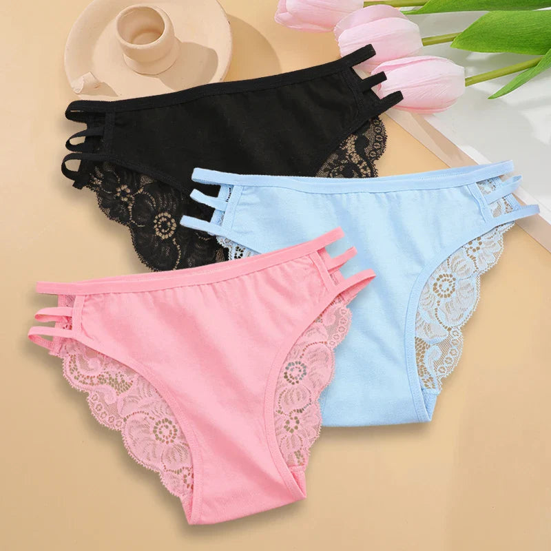 3PC/Set Women Sexy Lace Panties Low Rise Hollow Out Briefs Floral Transparent Underwear for Feamale Elastic Straps Soft Lingerie