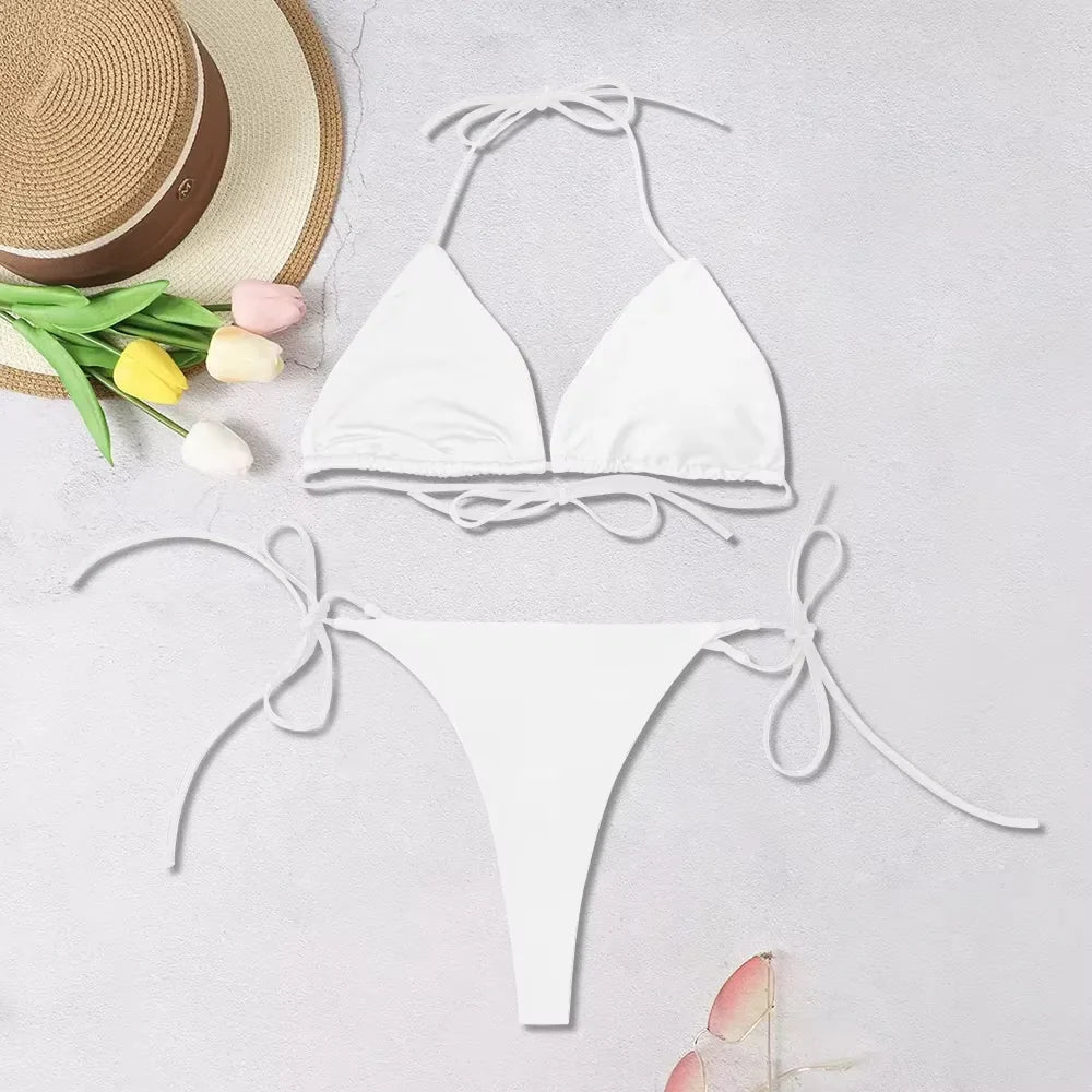 2025 New Women's Solid-color Separate Beach Wear Sexy Halter Three-point Bikini Backless Adjustable Lace-up Swimsuit