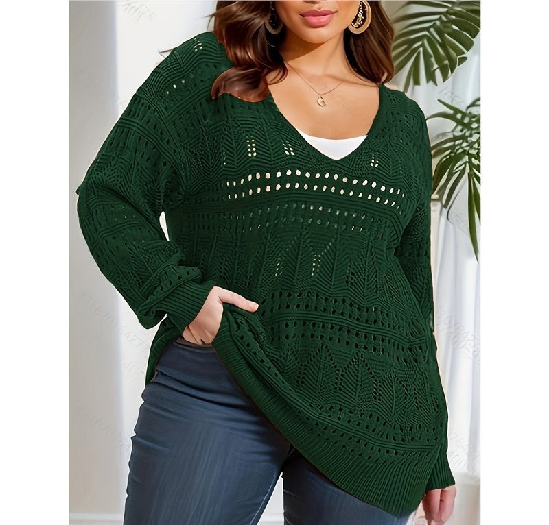 Plus Size Women's Sweater Long Sleeve V-neck Pullover Loose Sweater