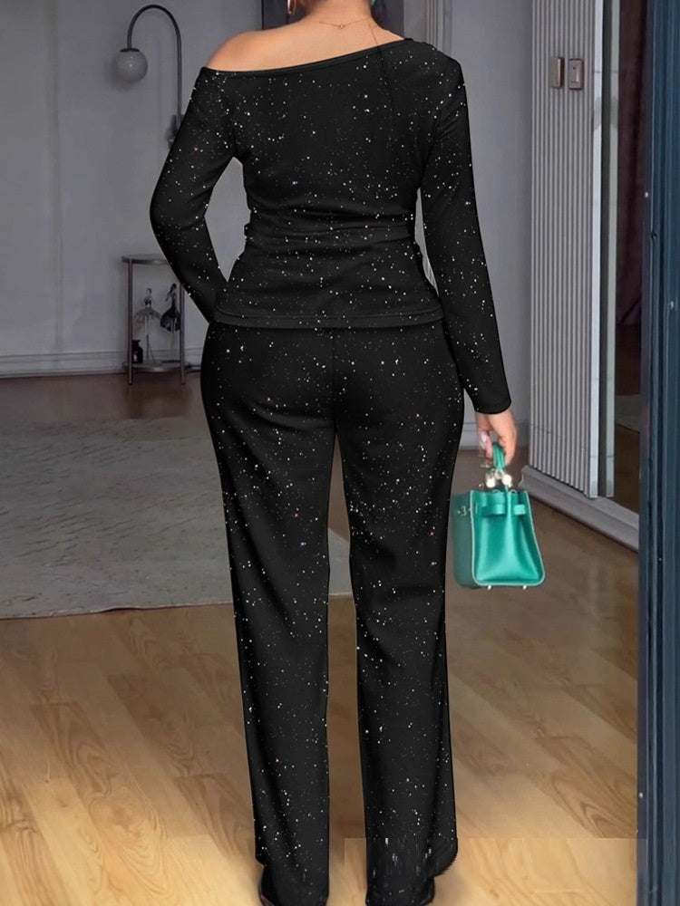 Lace Patchwork Long-sleeved Top With Wide-leg Pants Casual Two-piece Set