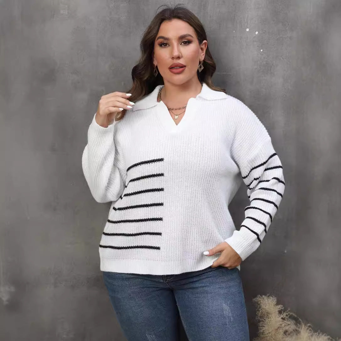 Pullover Plus Size Women's Color Contrast Patchwork Striped Polo Collar Sweater