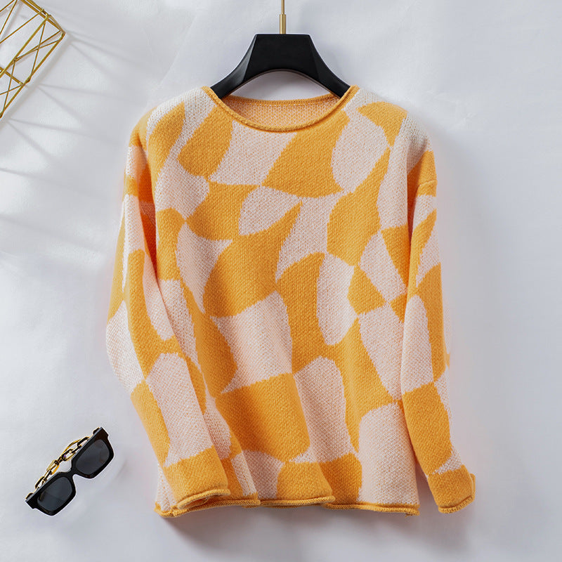Women's Round Neck Pullover Contrast Color Knitwear Sweater