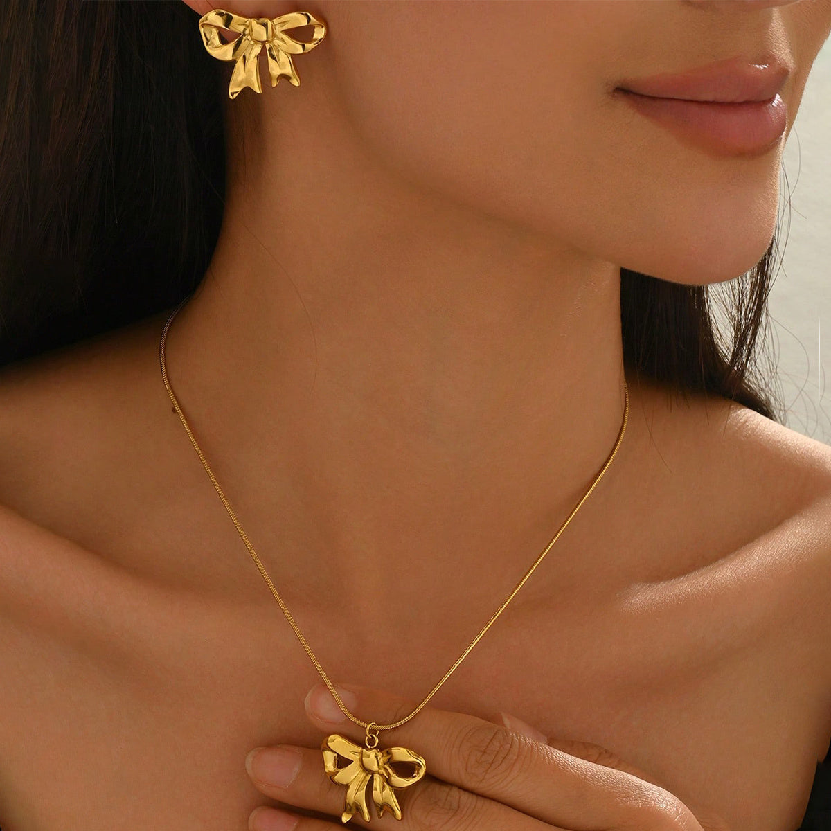 Lxalry 18K Gold Plated Stainless Steel Bow Jewelry Set For Women - Cute Waterproof Necklace & Earrings, Hypoallergenic