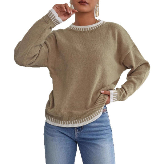 Women's Round Neck Contrast Color Stitching Leisure Pullover Loose Sweater
