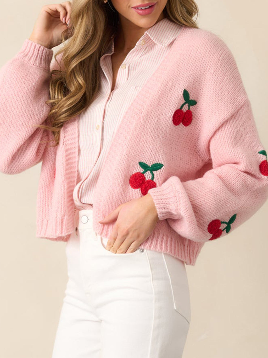 Cherry Embroidery Women's Sweater Cardigan Elegant
