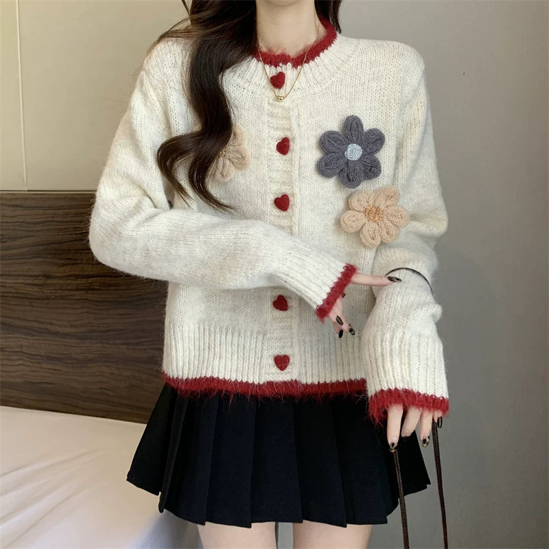 French Style Temperament Flower Round Neck Sweater Short Knitted Cardigan