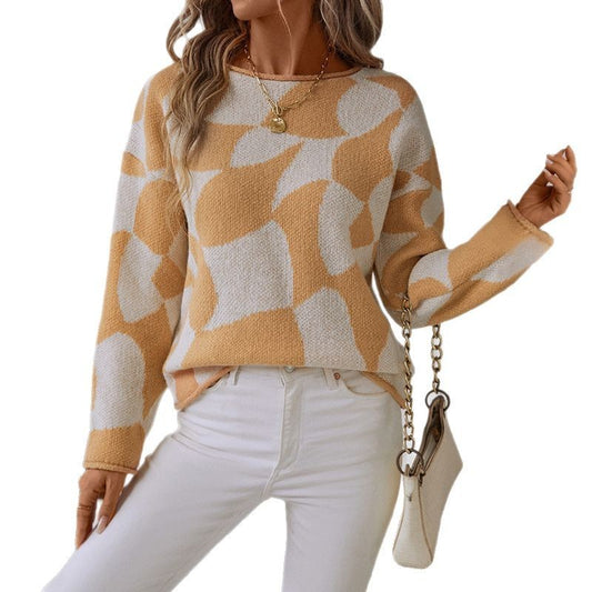 Women's Round Neck Pullover Contrast Color Knitwear Sweater
