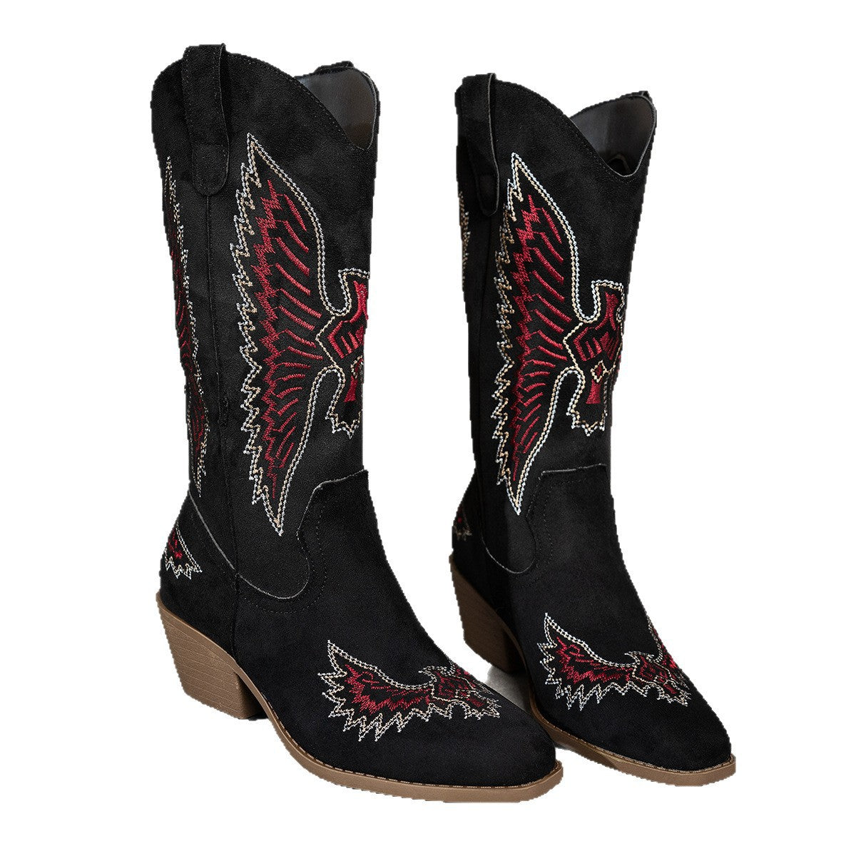 Suede Embroidery Mid Heel Knight Boots Large Size Thick Heel Cowboy Boot