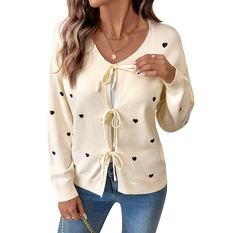 Sweet Cute Style Love Pattern V-neck Lace-up Cardigan Sweater Coat