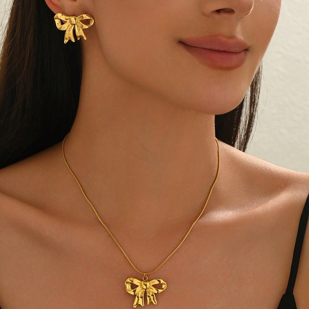 Lxalry 18K Gold Plated Stainless Steel Bow Jewelry Set For Women - Cute Waterproof Necklace & Earrings, Hypoallergenic