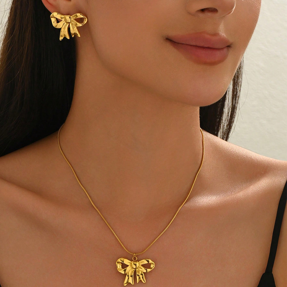 Lxalry 18K Gold Plated Stainless Steel Bow Jewelry Set For Women - Cute Waterproof Necklace & Earrings, Hypoallergenic