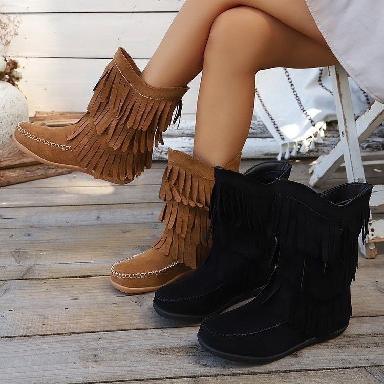 Plus Size Retro Tassel Mid-calf Heel Martin Boots