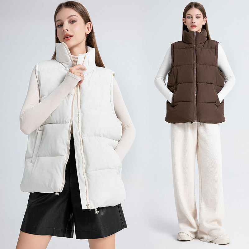 Women's Sleeveless Mid-length Stand-up Collar Thermal Down Cotton Thickened Vest