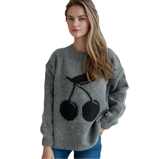 Cherry Jacquard Women's Sweater Round Neck Loose Sweater Idle Style