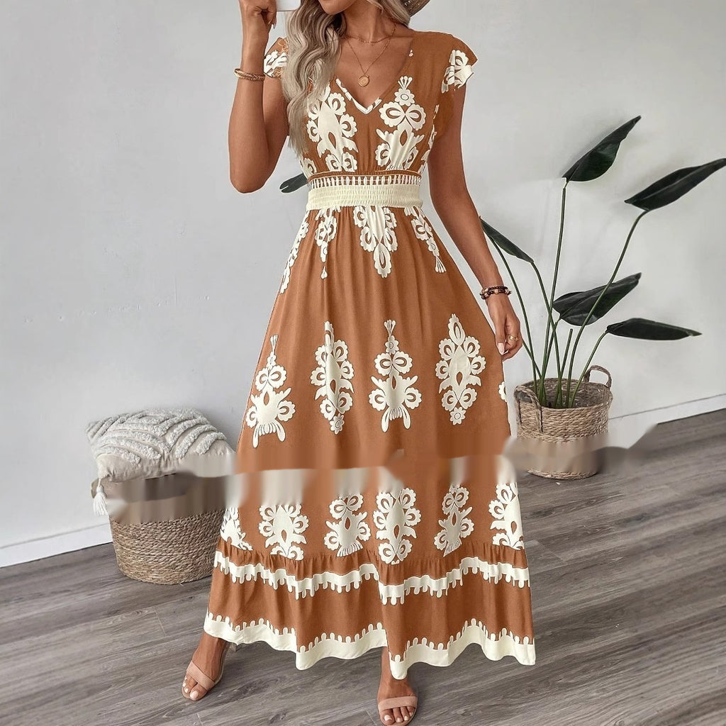Vacation Style Printed V-neck Large Swing Dress
