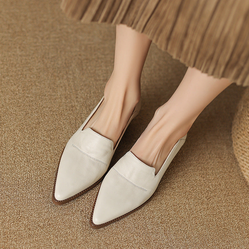 Women's Spring And Autumn Mid Heel Deep Mouth Leather Shoes