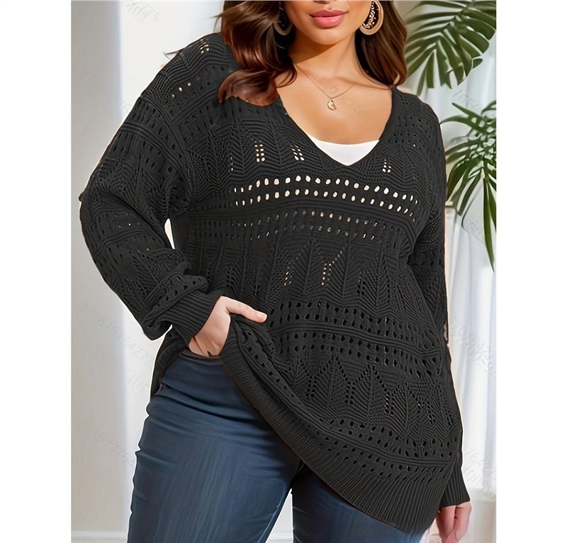Plus Size Women's Sweater Long Sleeve V-neck Pullover Loose Sweater