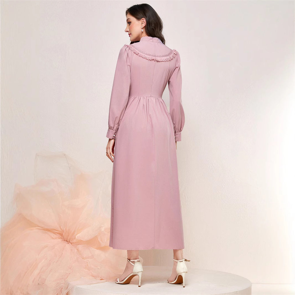 Tassel Stitching Mid-waist Stand Collar Fashion Elegant Dress