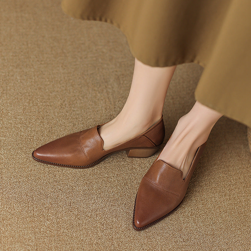 Women's Spring And Autumn Mid Heel Deep Mouth Leather Shoes