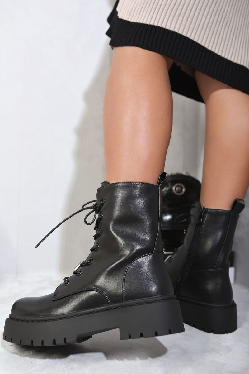 Zip Lace Up Chunky Biker Boots