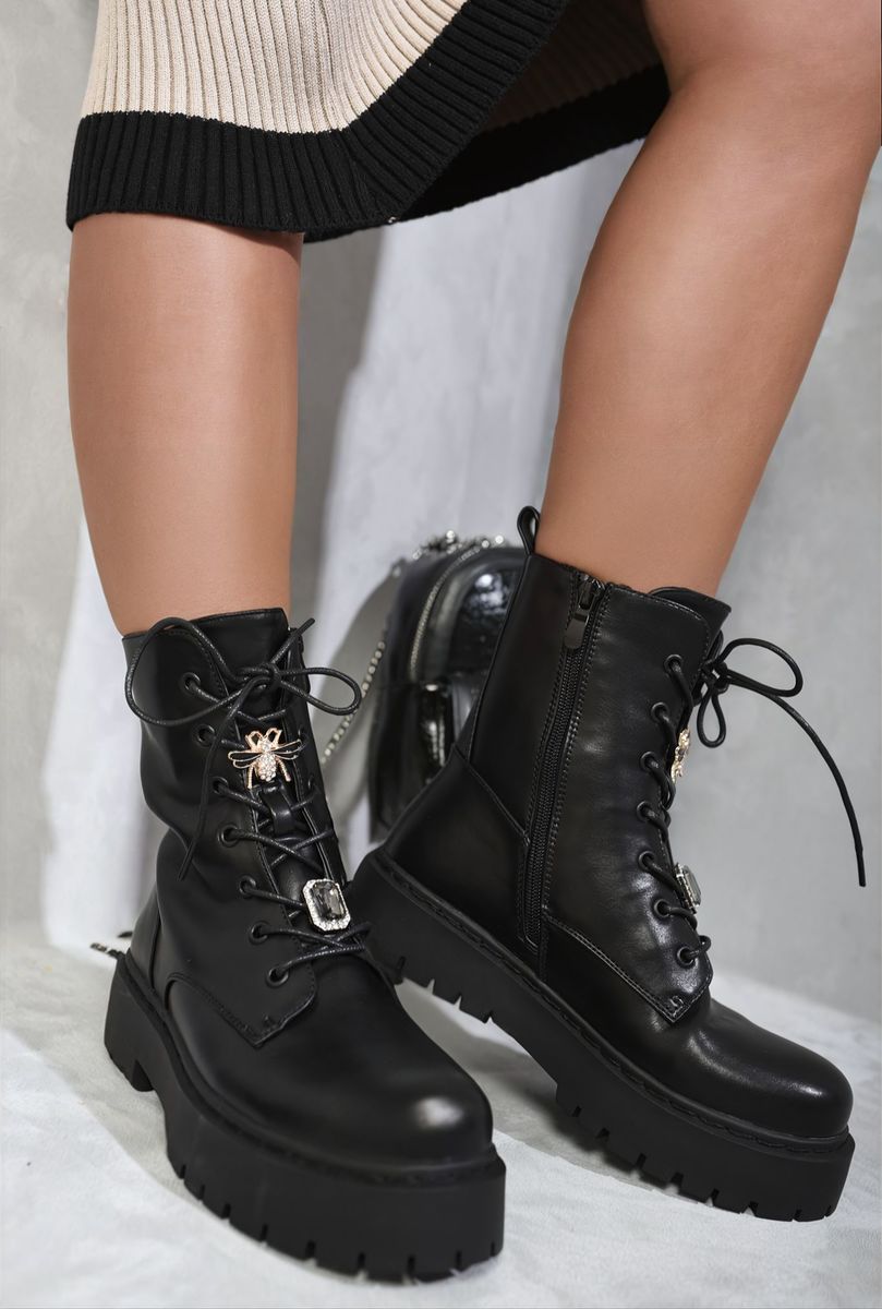 Zip Lace Up Chunky Biker Boots