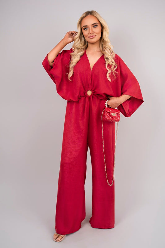 V Neck Wide Sleeve Jumpsuit with Ring Front Detail