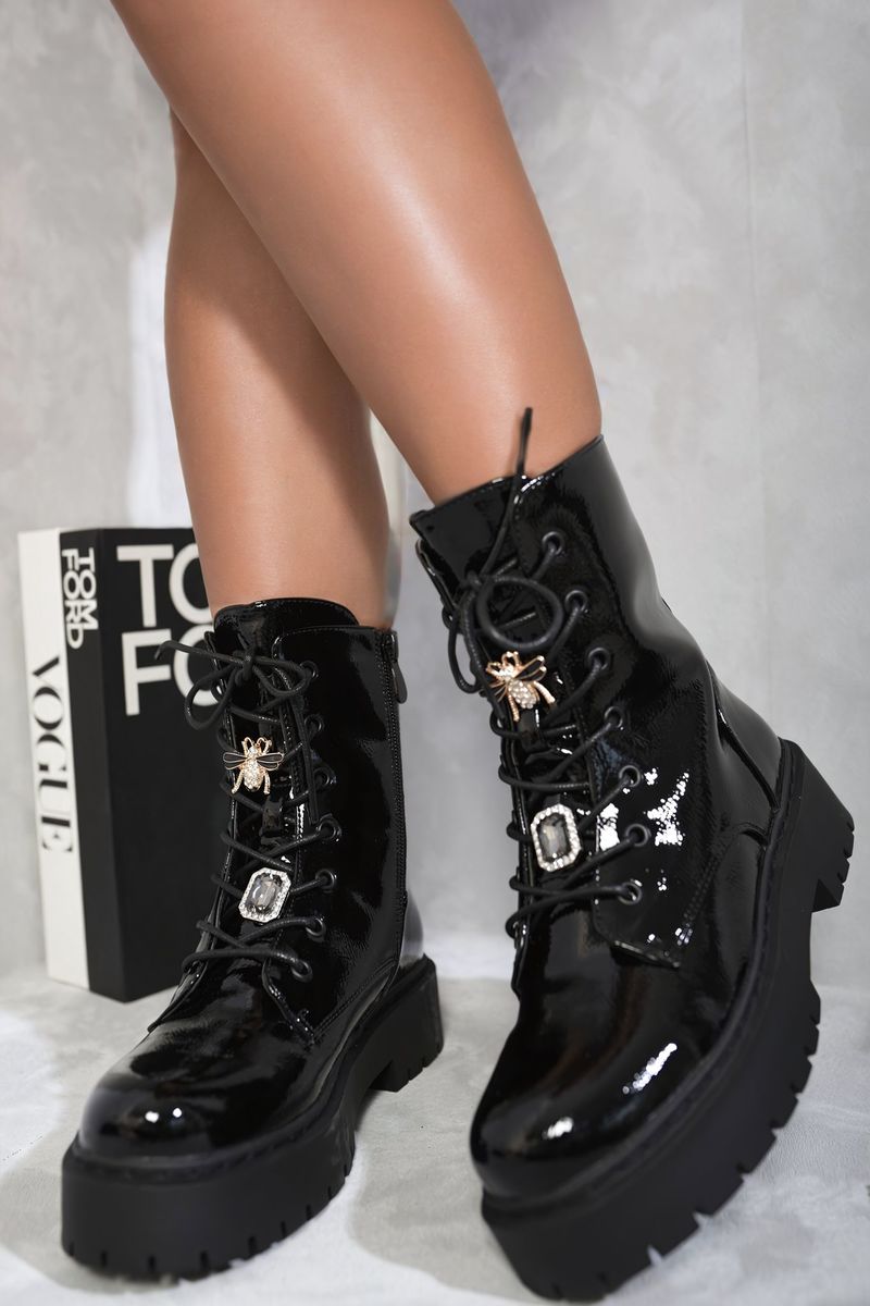 Zip Lace Up Chunky Biker Boots