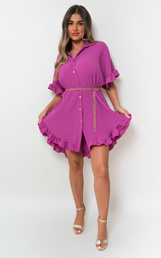 Button Down Oversized Ruffle Short Sleeve Mini Dress