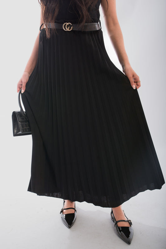 Belted Maxi Length Pleated Skirt