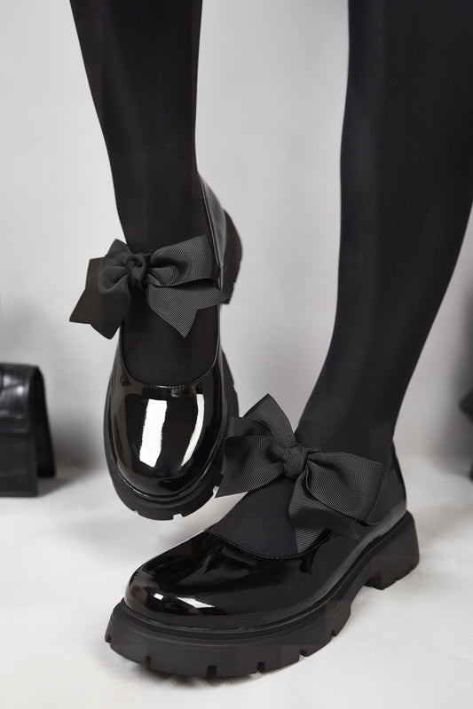 Chunky Sole Patent Ballet Flats with Bow Detail