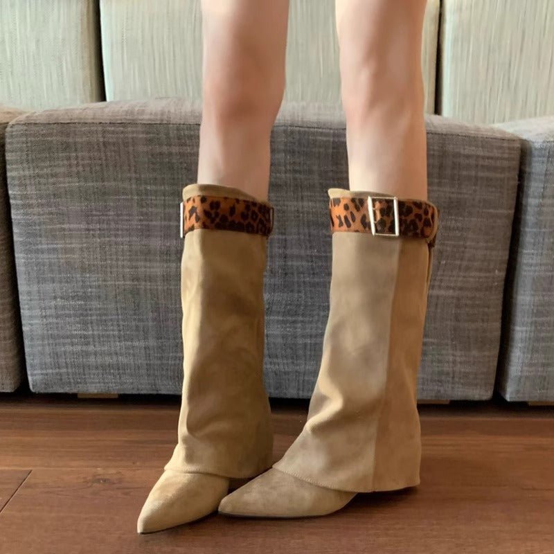 Retro Western Slimming Belt Buckle Middle Boots - BECAMAS FASHION HUB