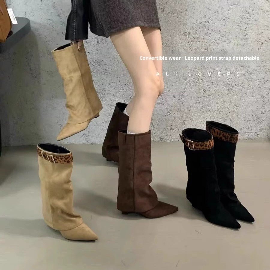 Retro Western Slimming Belt Buckle Middle Boots - BECAMAS FASHION HUB