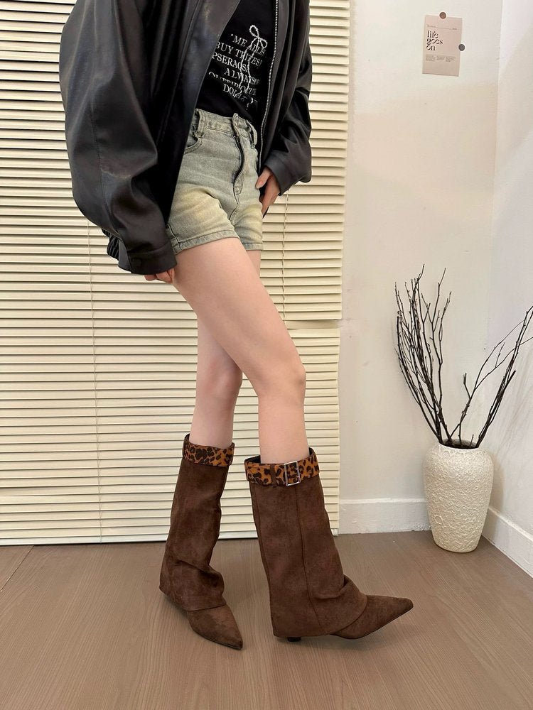 Retro Western Slimming Belt Buckle Middle Boots - BECAMAS FASHION HUB